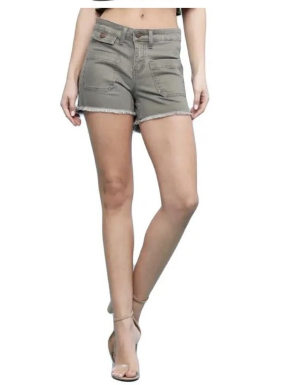 Judy Blue Cutoff Olive Green Frey Utility Shorts Women's Size 25 Flap Pocket